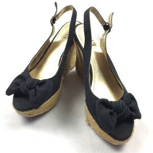 ANA Now Peep Toe Wedge Sandals Size 7.5 Womens Black Brown Rope Fabric Slingback